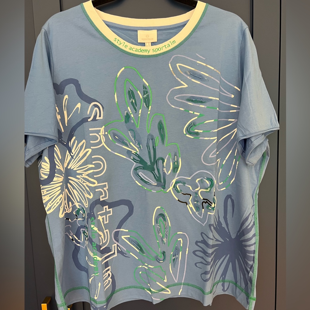 Sportalm Blue And Green Short Sleeve Tee With Botanical Design Size 18